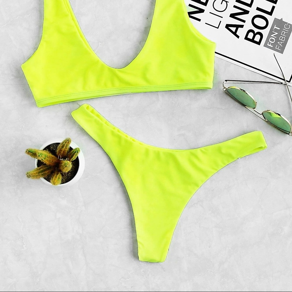 SHEIN neon yellow high cut bikini bottoms